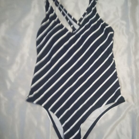 Kona Sol women's one-piece bathing suit navy blue/white lines sizeL - Picture 1 of 8